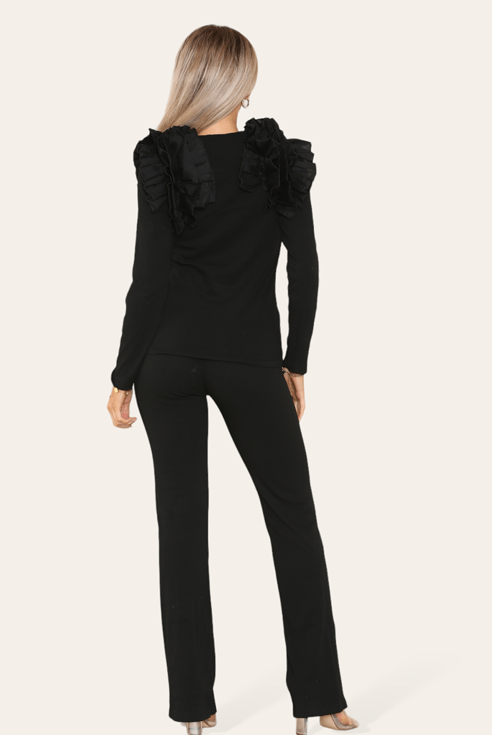 Ruffle Frill Shoulder Ribbed Loungewear CoOrd Top & Trouser Set Loungewear WearAll