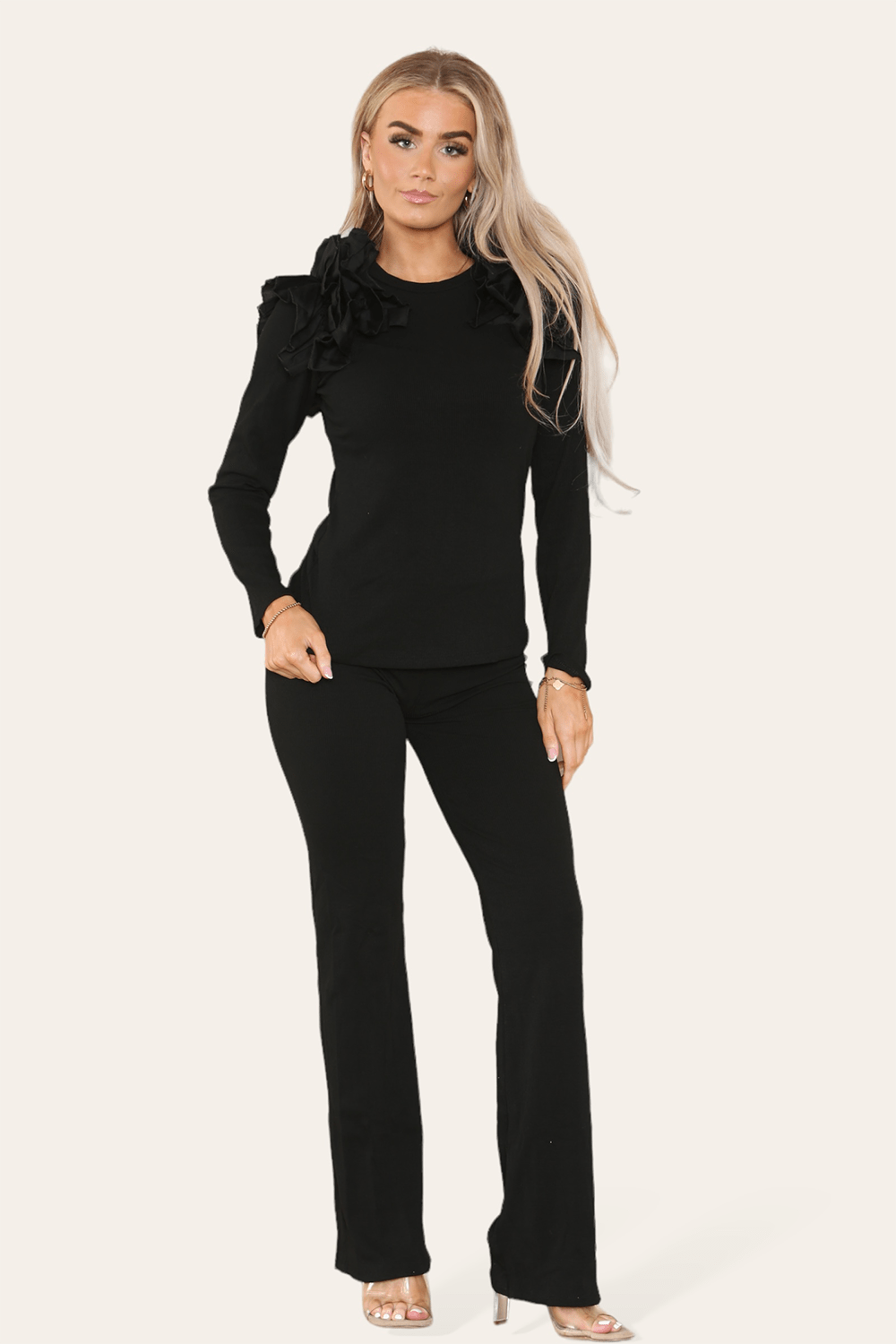 Ruffle Frill Shoulder Ribbed Loungewear CoOrd Top & Trouser Set Loungewear WearAll Black 8-10