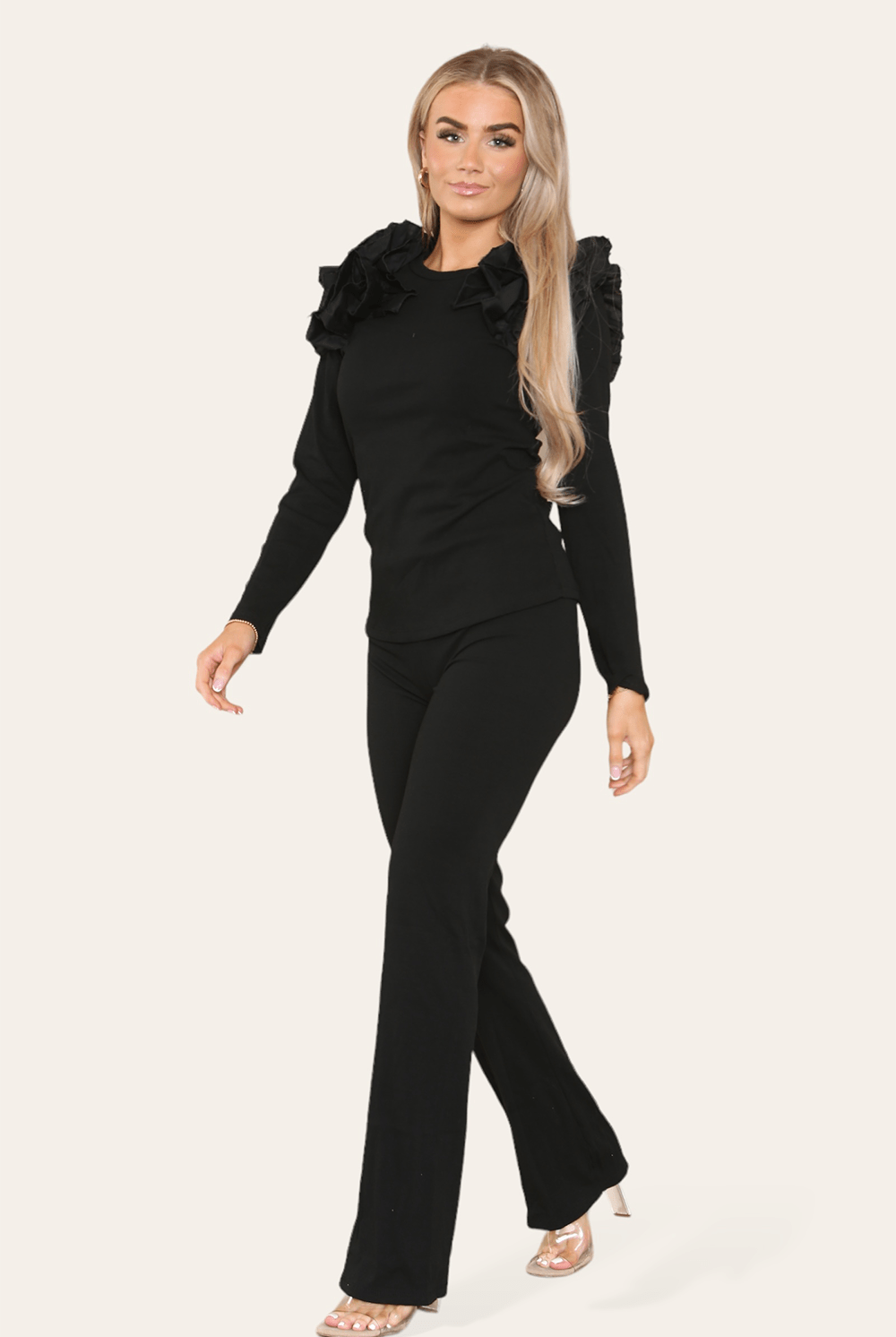 Ruffle Frill Shoulder Ribbed Loungewear CoOrd Top & Trouser Set Loungewear WearAll