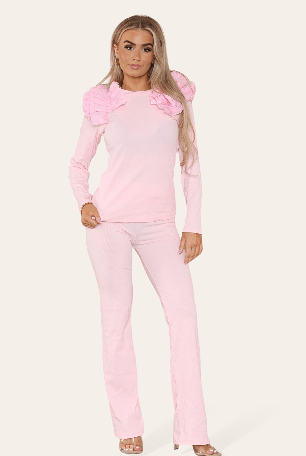 Ruffle Frill Shoulder Ribbed Loungewear CoOrd Top & Trouser Set Loungewear WearAll Pink 8-10