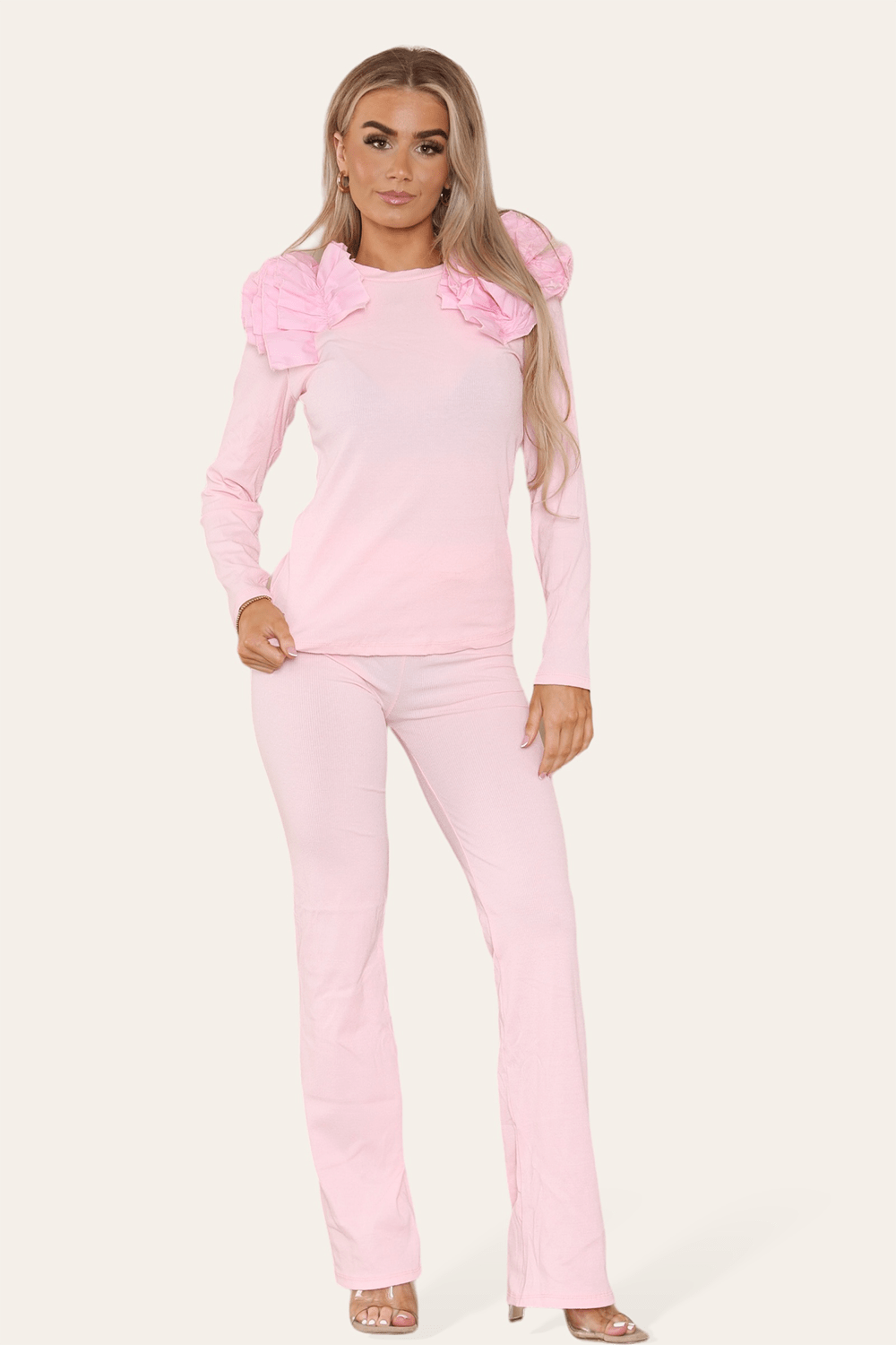 Ruffle Frill Shoulder Ribbed Loungewear CoOrd Top & Trouser Set Loungewear WearAll Pink 8-10