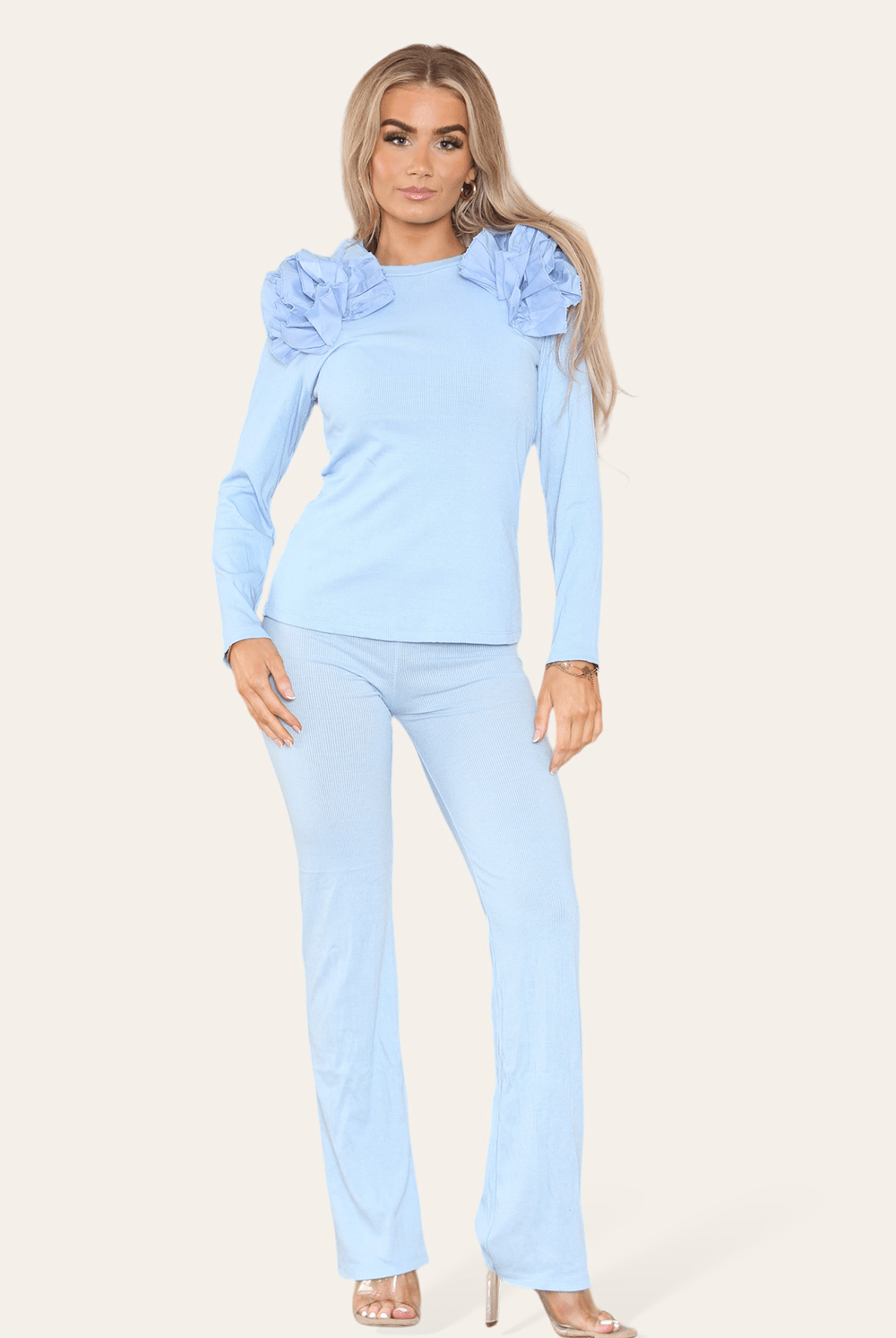 Ruffle Frill Shoulder Ribbed Loungewear CoOrd Top & Trouser Set Loungewear WearAll Sky Blue 8-10
