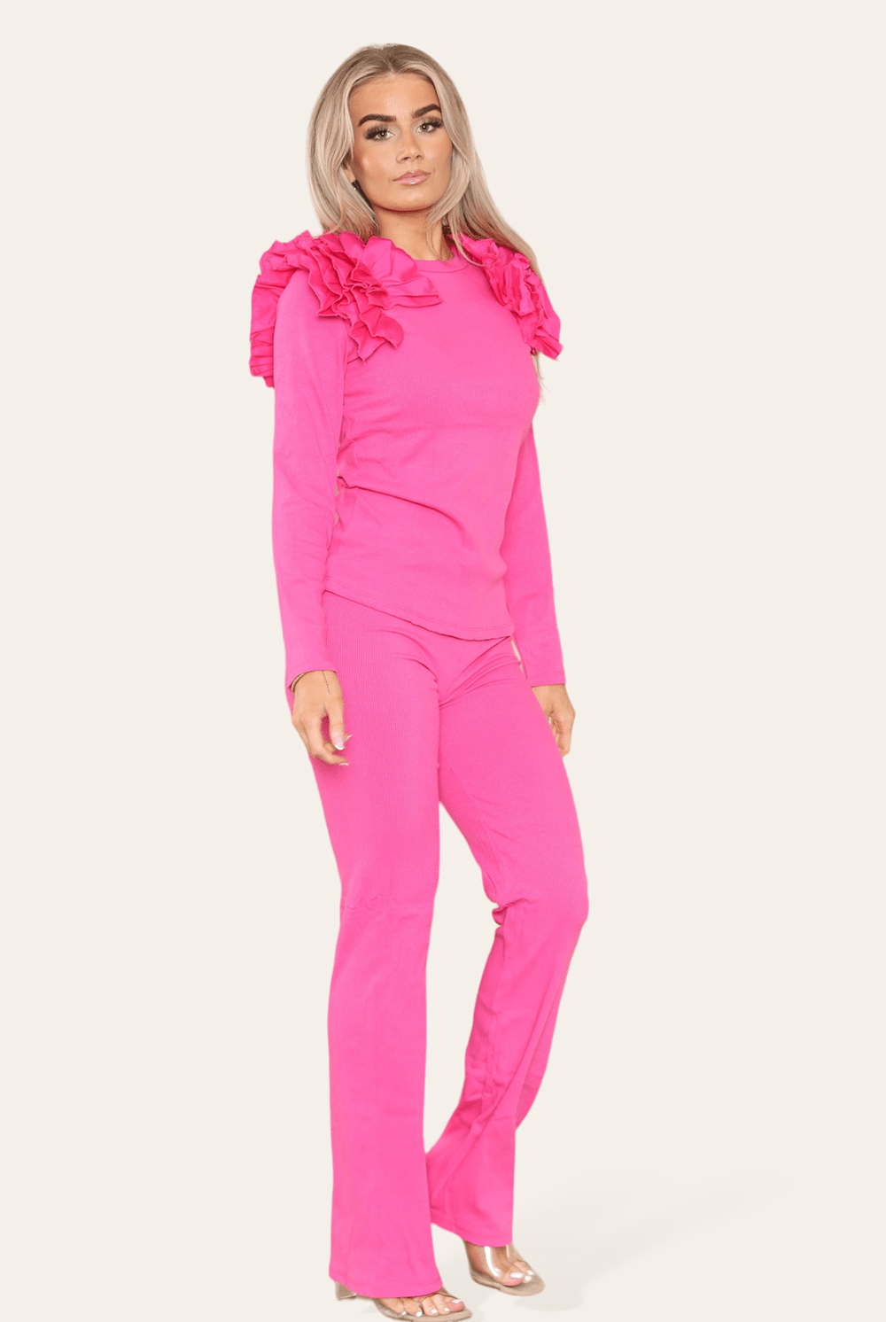 Ruffle Frill Shoulder Ribbed Loungewear CoOrd Top & Trouser Set Loungewear WearAll