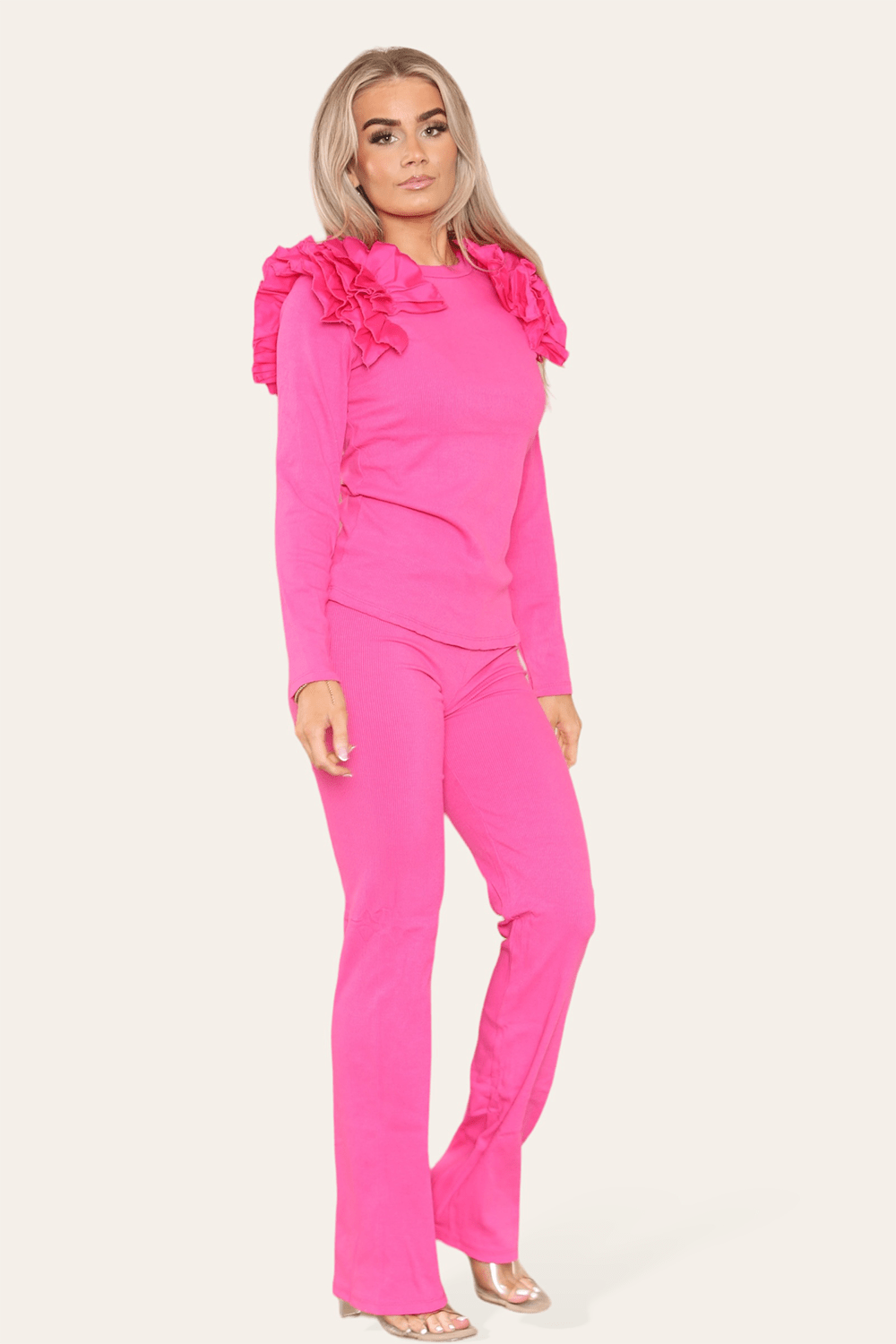 Ruffle Frill Shoulder Ribbed Loungewear CoOrd Top & Trouser Set Loungewear WearAll