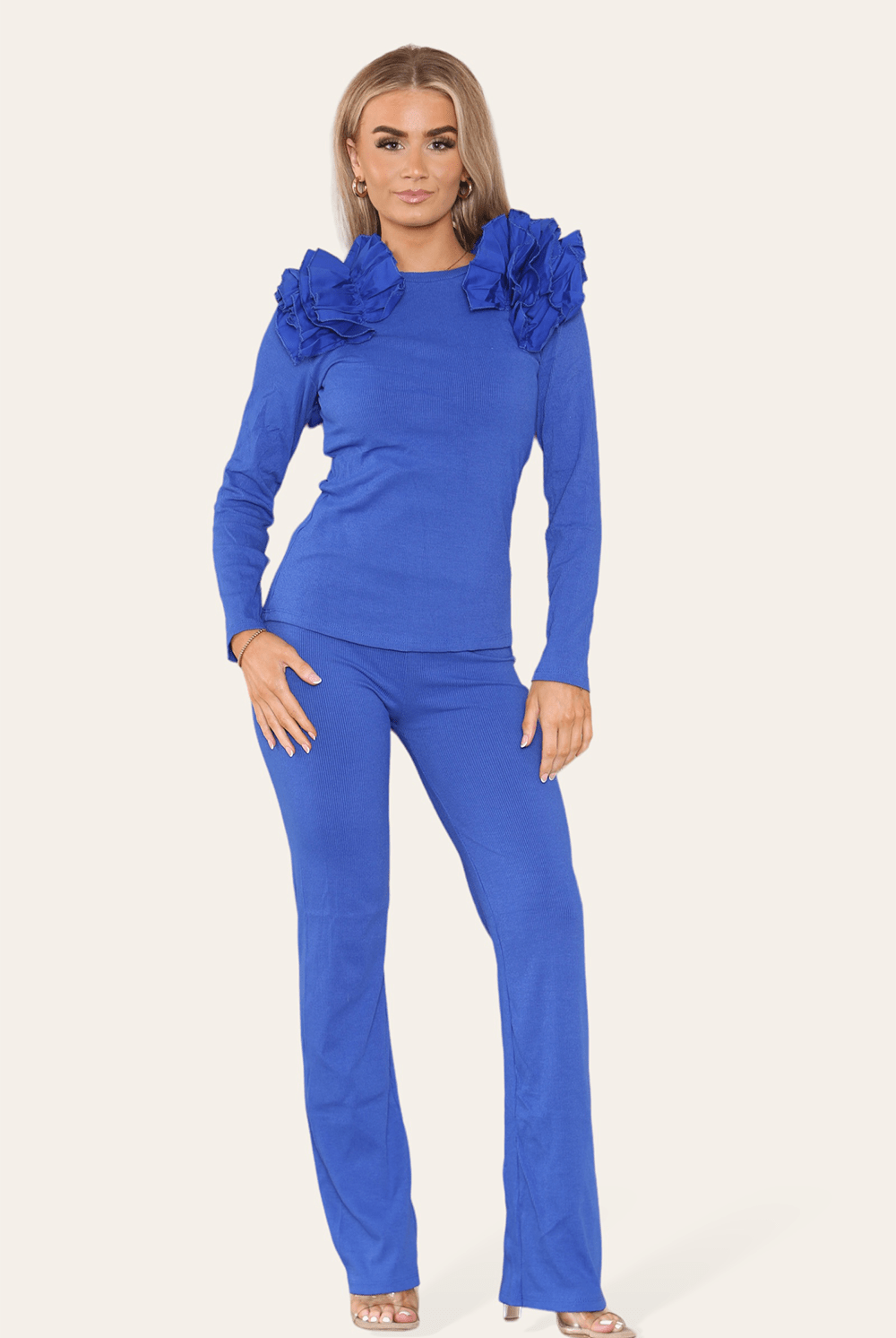 Ruffle Frill Shoulder Ribbed Loungewear CoOrd Top & Trouser Set Loungewear WearAll Royal Blue 8-10