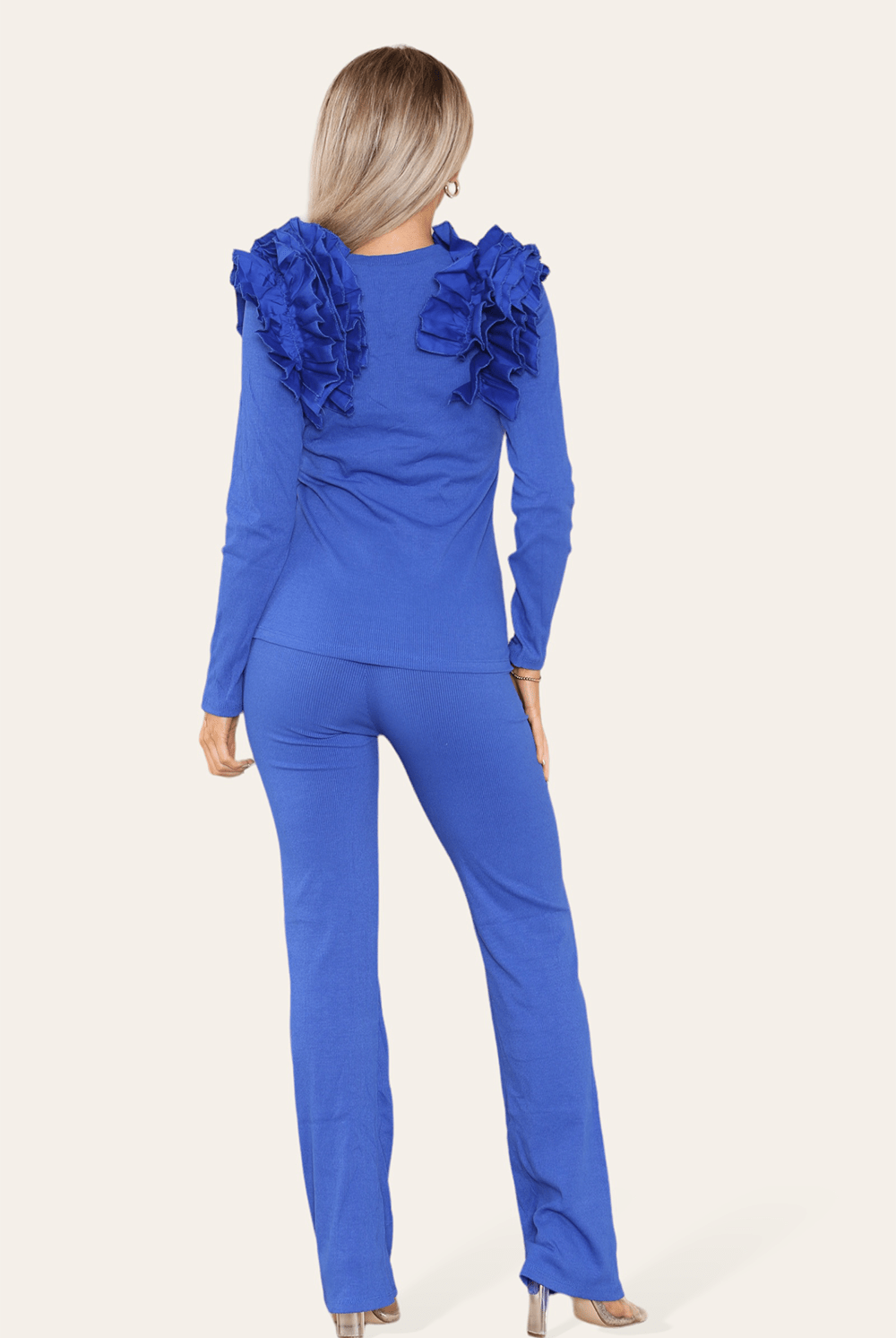 Ruffle Frill Shoulder Ribbed Loungewear CoOrd Top & Trouser Set Loungewear WearAll