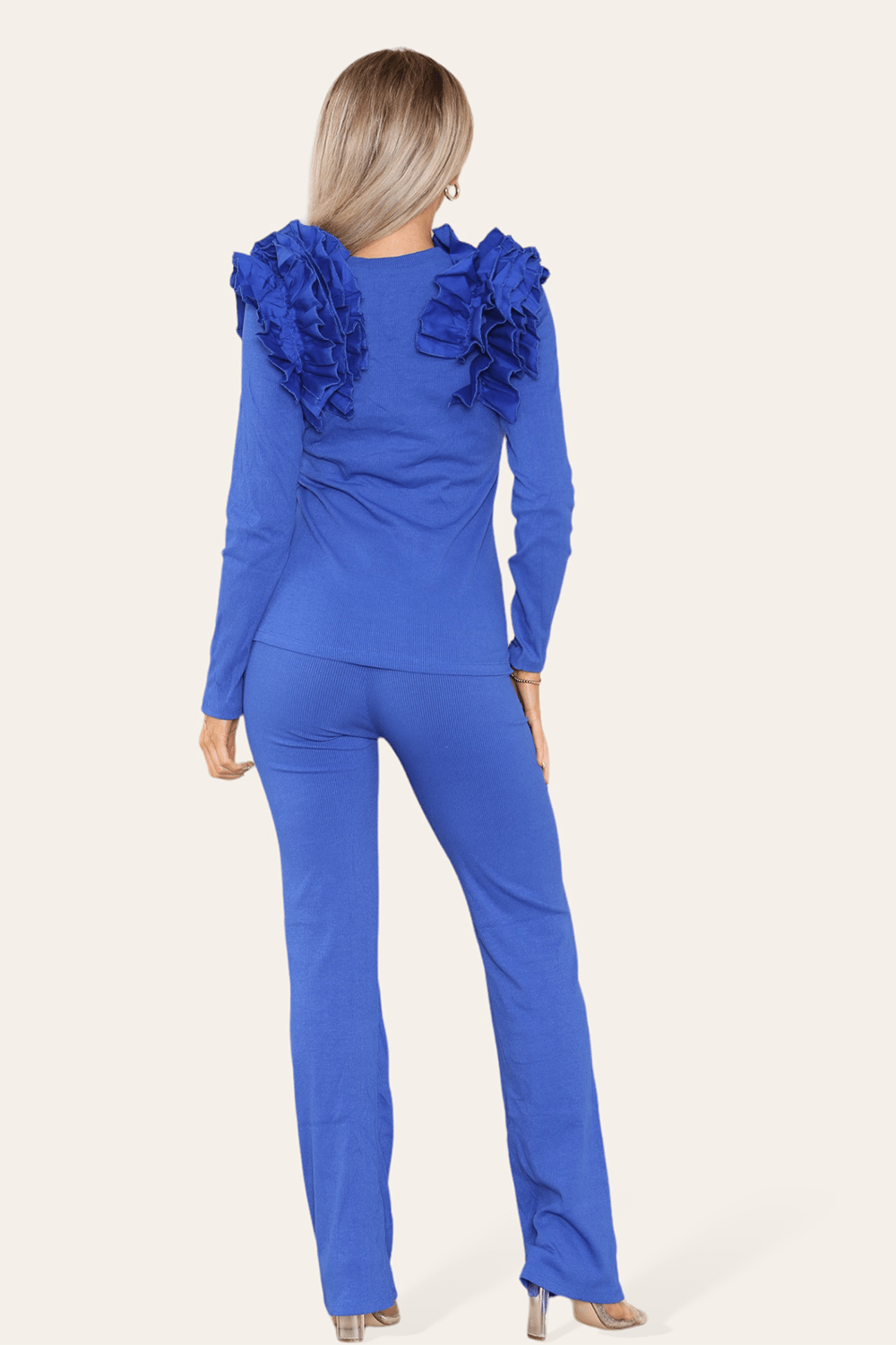 Ruffle Frill Shoulder Ribbed Loungewear CoOrd Top & Trouser Set Loungewear WearAll