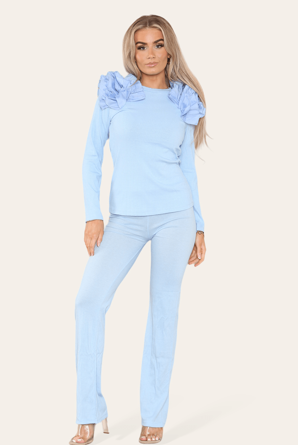 Ruffle Frill Shoulder Ribbed Loungewear CoOrd Top & Trouser Set Loungewear WearAll