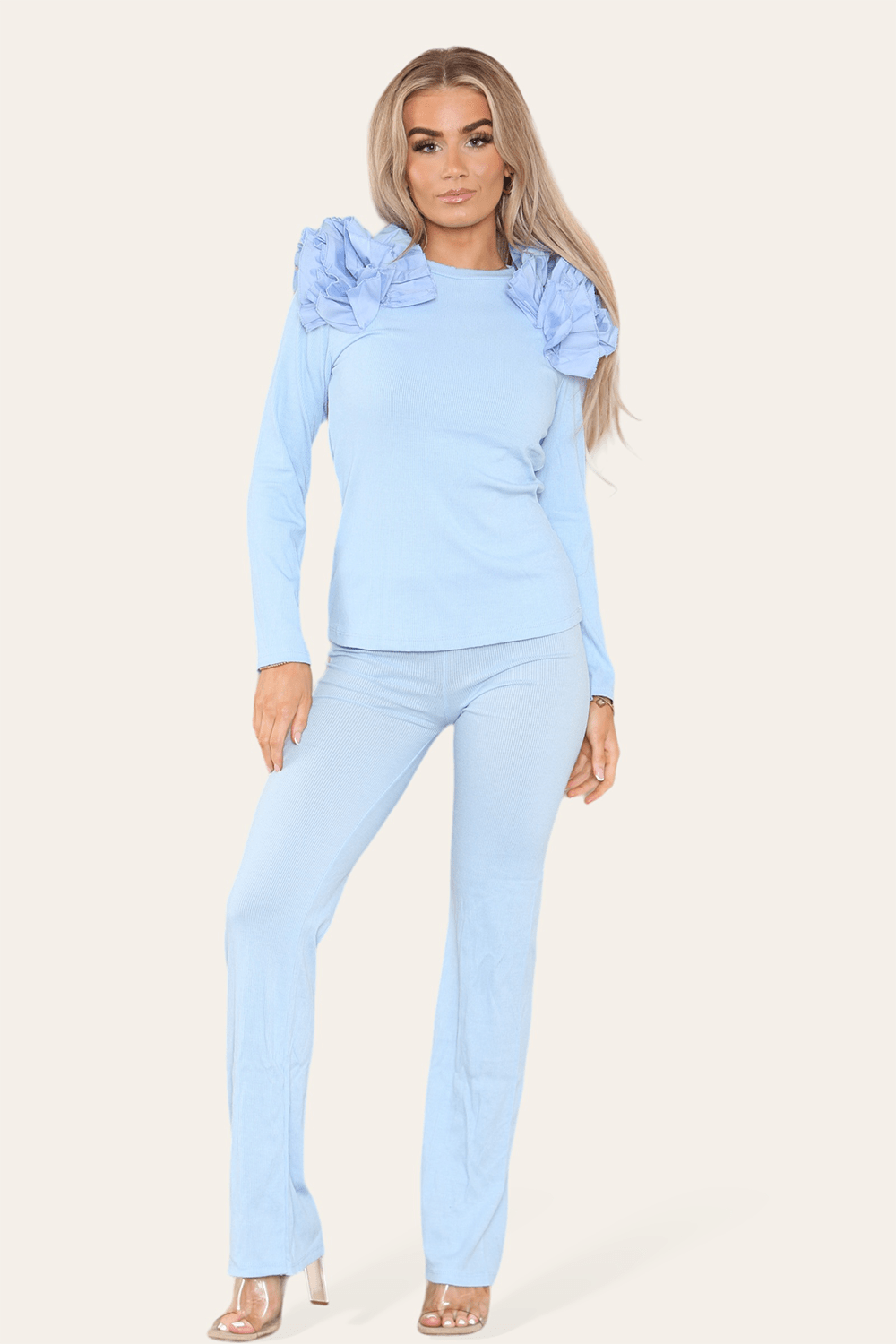 Ruffle Frill Shoulder Ribbed Loungewear CoOrd Top & Trouser Set Loungewear WearAll