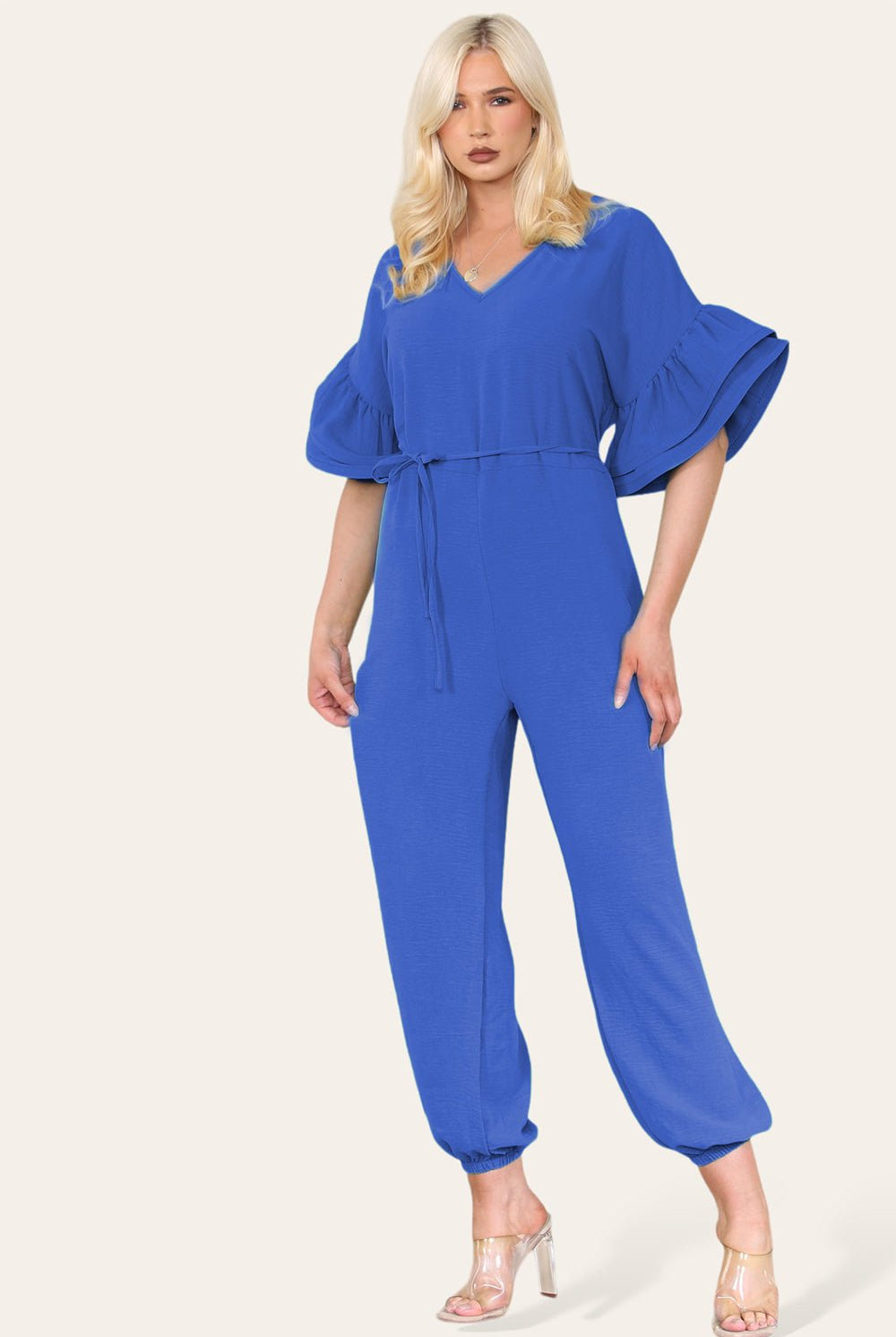 Ruffle Sleeves Frill Tie Jumpsuit Playsuits & Jumpsuits WearAll Royal Blue OneSize UK Fit (Up to 16)