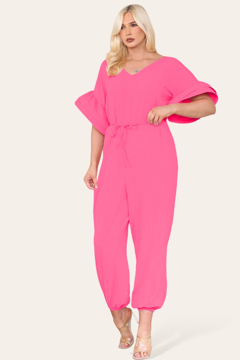 Ruffle Sleeves Frill Tie Jumpsuit Playsuits & Jumpsuits WearAll Hot Pink OneSize UK Fit (Up to 16)