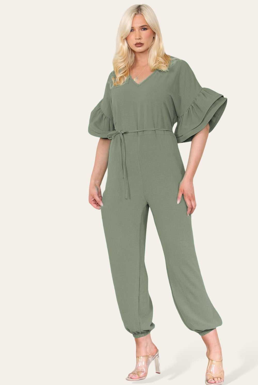 Ruffle Sleeves Frill Tie Jumpsuit Playsuits & Jumpsuits WearAll Khaki OneSize UK Fit (Up to 16)