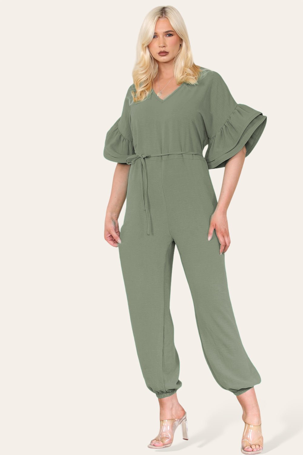 Ruffle Sleeves Frill Tie Jumpsuit Playsuits & Jumpsuits WearAll Khaki OneSize UK Fit (Up to 16)