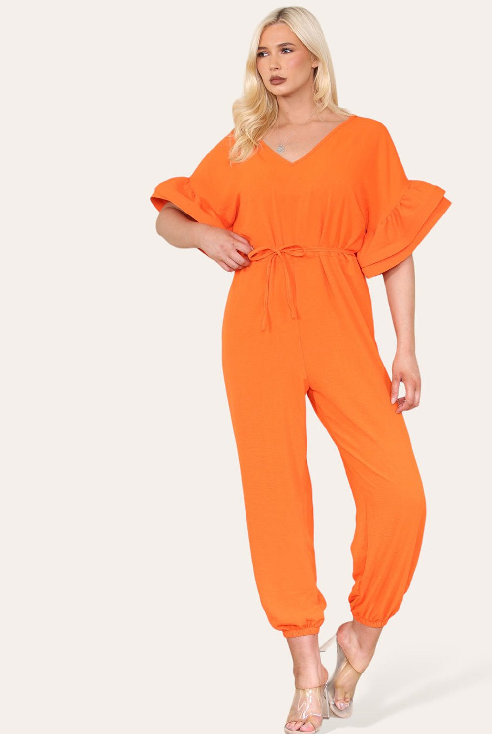 Ruffle Sleeves Frill Tie Jumpsuit Playsuits & Jumpsuits WearAll Orange OneSize UK Fit (Up to 16)