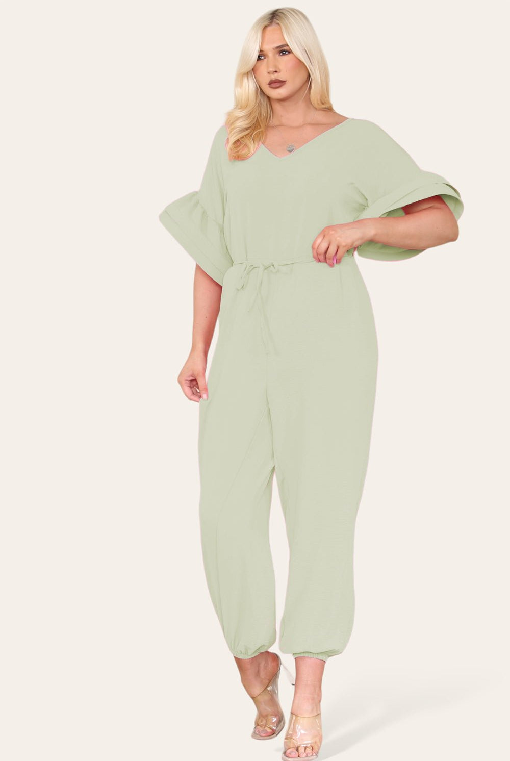 Ruffle Sleeves Frill Tie Jumpsuit Playsuits & Jumpsuits WearAll Sage Green OneSize UK Fit (Up to 16)
