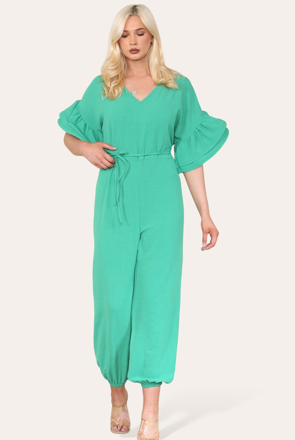 Ruffle Sleeves Frill Tie Jumpsuit Playsuits & Jumpsuits WearAll Jade Green OneSize UK Fit (Up to 16)