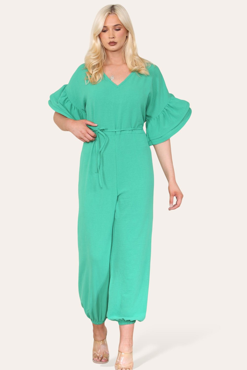 Ruffle Sleeves Frill Tie Jumpsuit Playsuits & Jumpsuits WearAll Jade Green OneSize UK Fit (Up to 16)