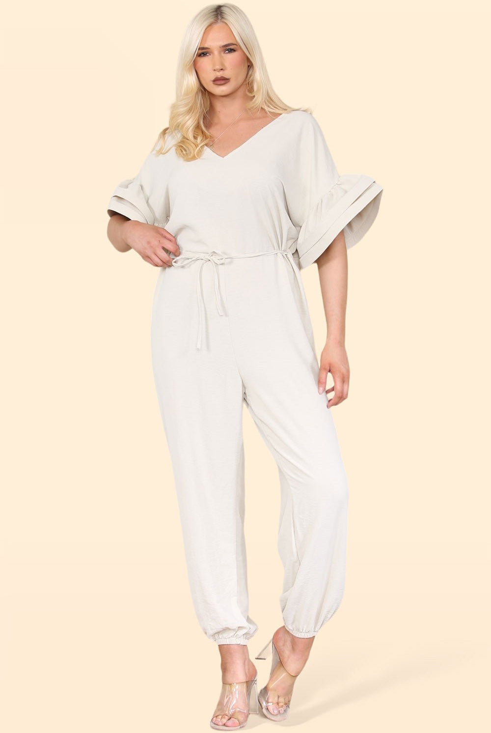 Ruffle Sleeves Frill Tie Jumpsuit Playsuits & Jumpsuits WearAll Beige OneSize UK Fit (Up to 16)