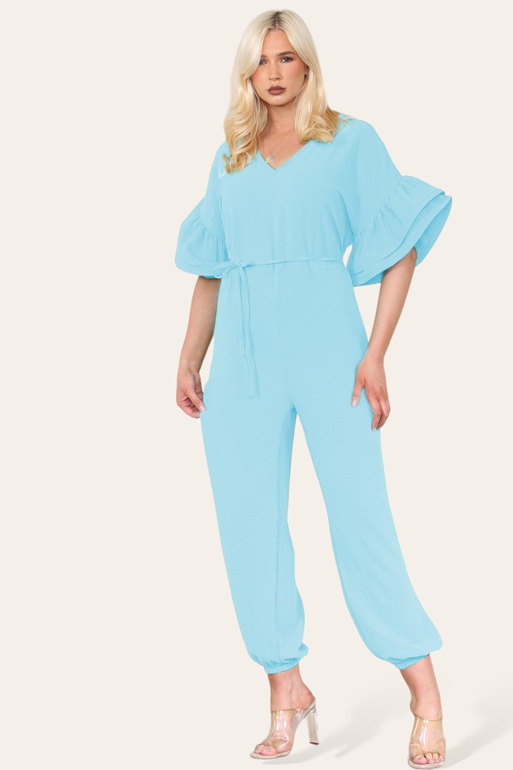Ruffle Sleeves Frill Tie Jumpsuit Playsuits & Jumpsuits WearAll Baby Blue OneSize UK Fit (Up to 16)