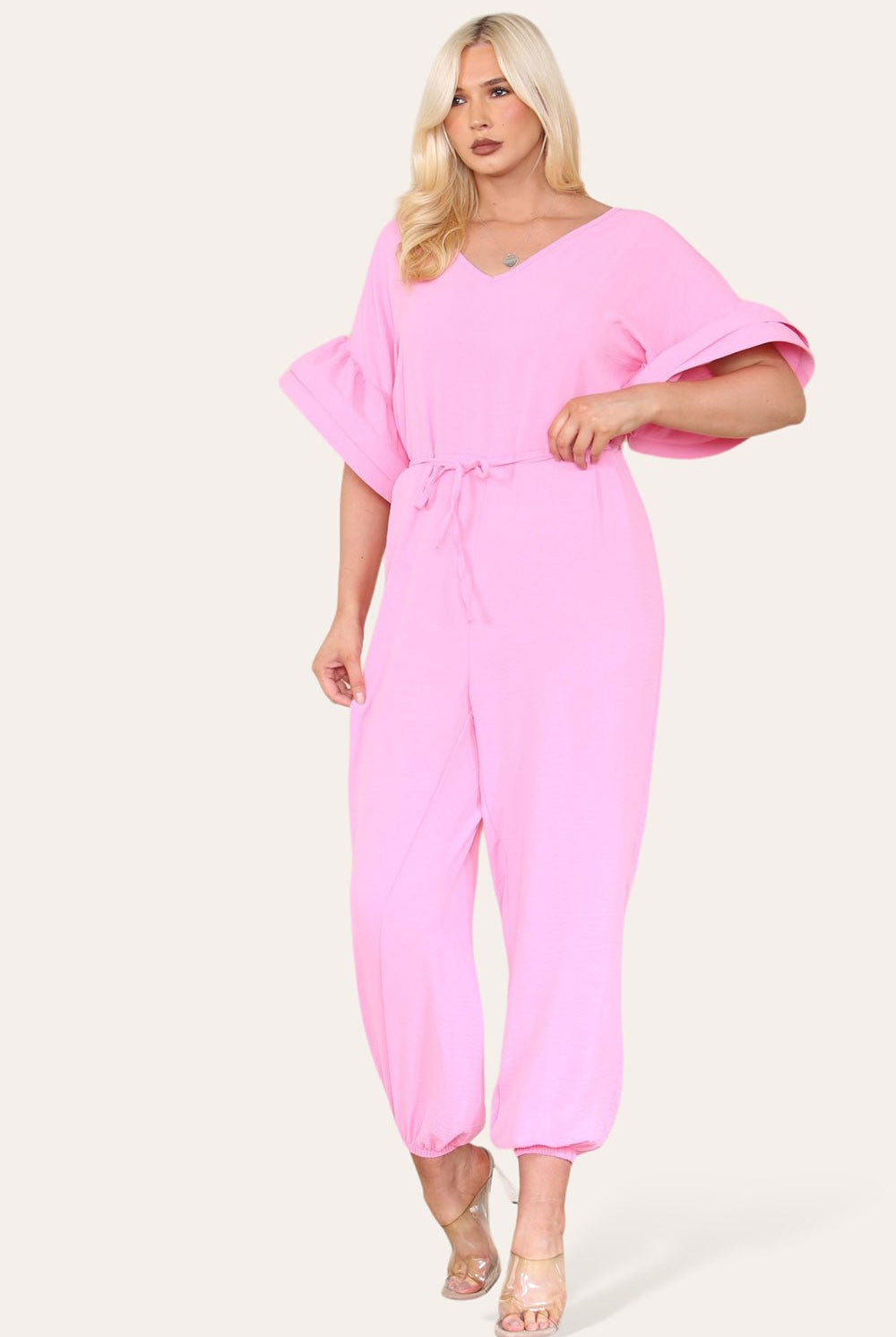 Ruffle Sleeves Frill Tie Jumpsuit Playsuits & Jumpsuits WearAll Candy Pink OneSize UK Fit (Up to 16)