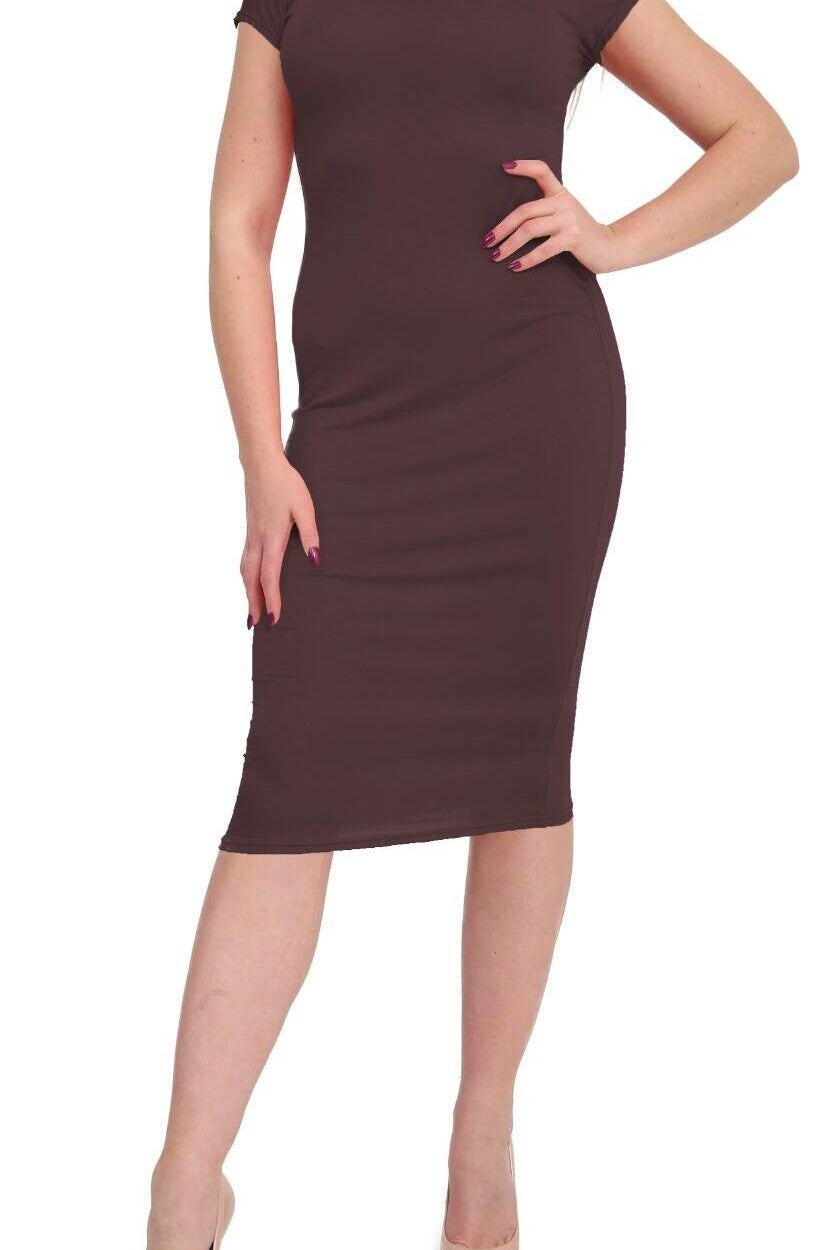 Plus Size Plain Cap Sleeve Stretch Jersey Midi Dress Dress WearAll Brown 16-18