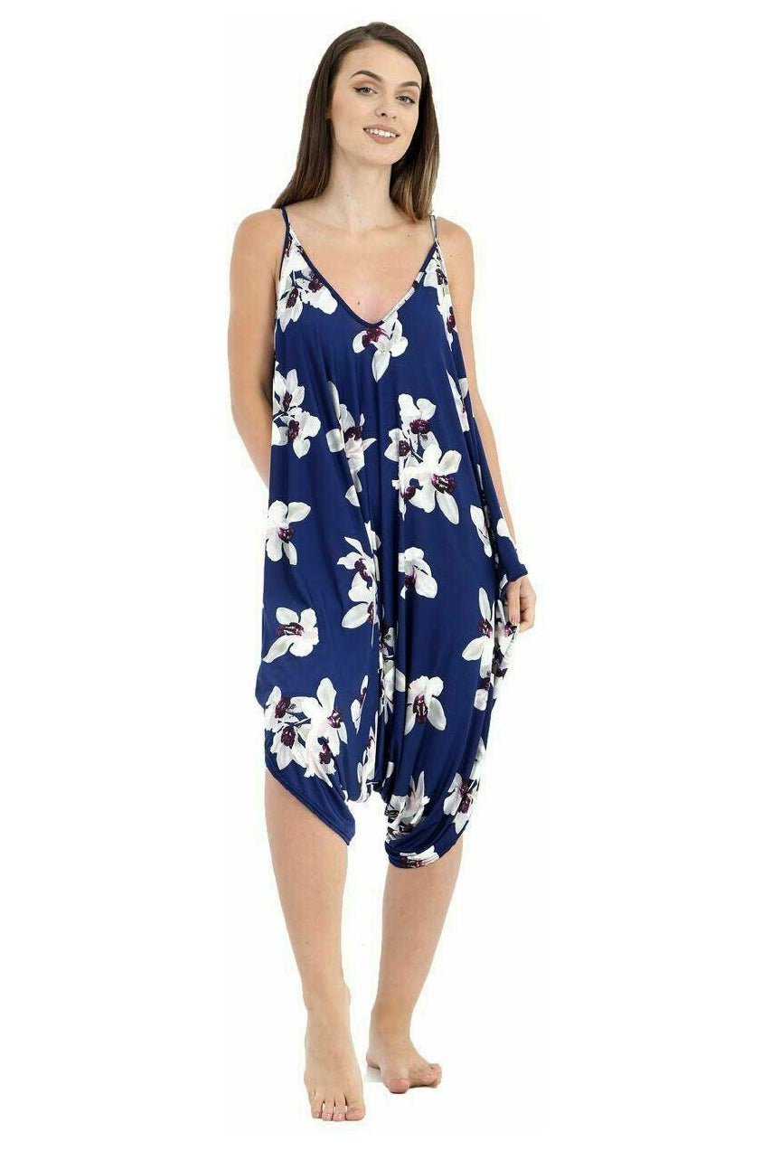 Plus Size Lagenlook Strappy Baggy Harem Jumpsuit 16-22 Jumpsuit WearAll Navy Floral One Size Fits 16-22