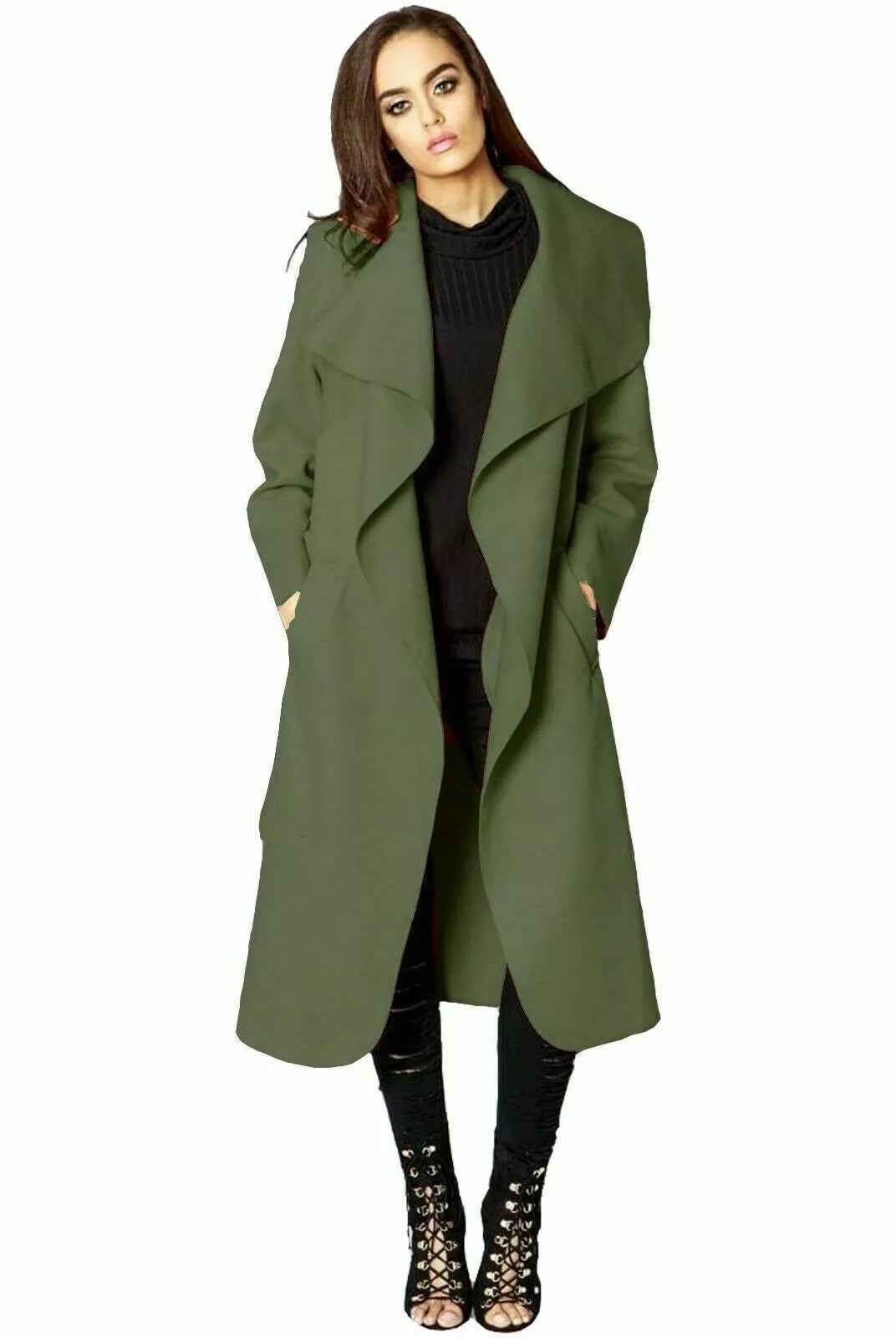 Plus Size Long Belt Pocket Open Coat cardigan WearAll Green 16-22