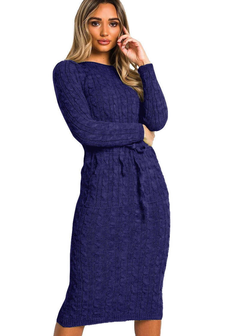 CABLE KNIT DRAWSTRING WAIST DRESS Dress WearAll Navy 8