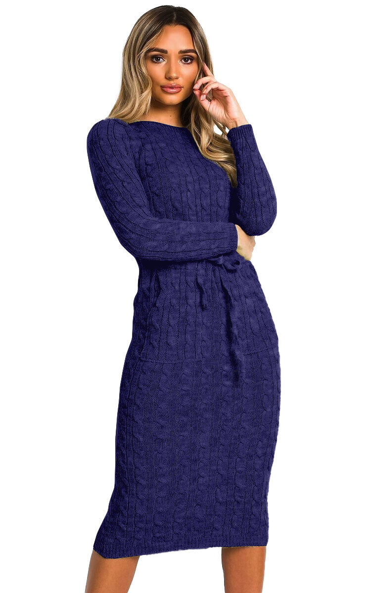CABLE KNIT DRAWSTRING WAIST DRESS Dress WearAll Navy 8