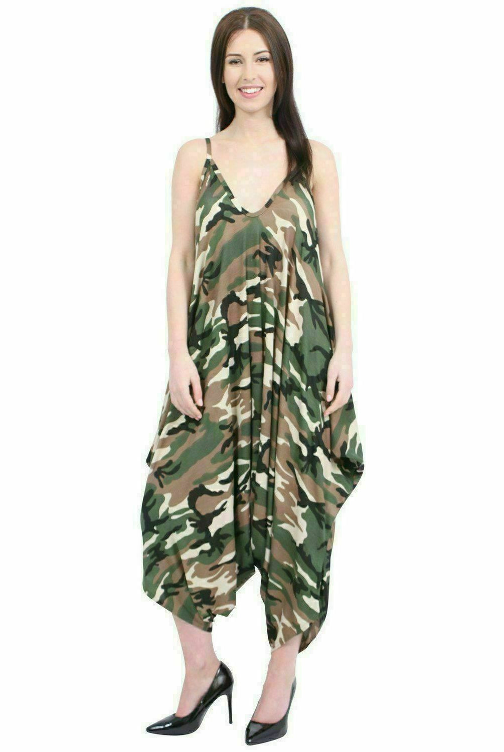 Lagenlook Strappy Baggy Harem Jumpsuit 10-16 Jumpsuit WearAll Army One Size Fits 10-16