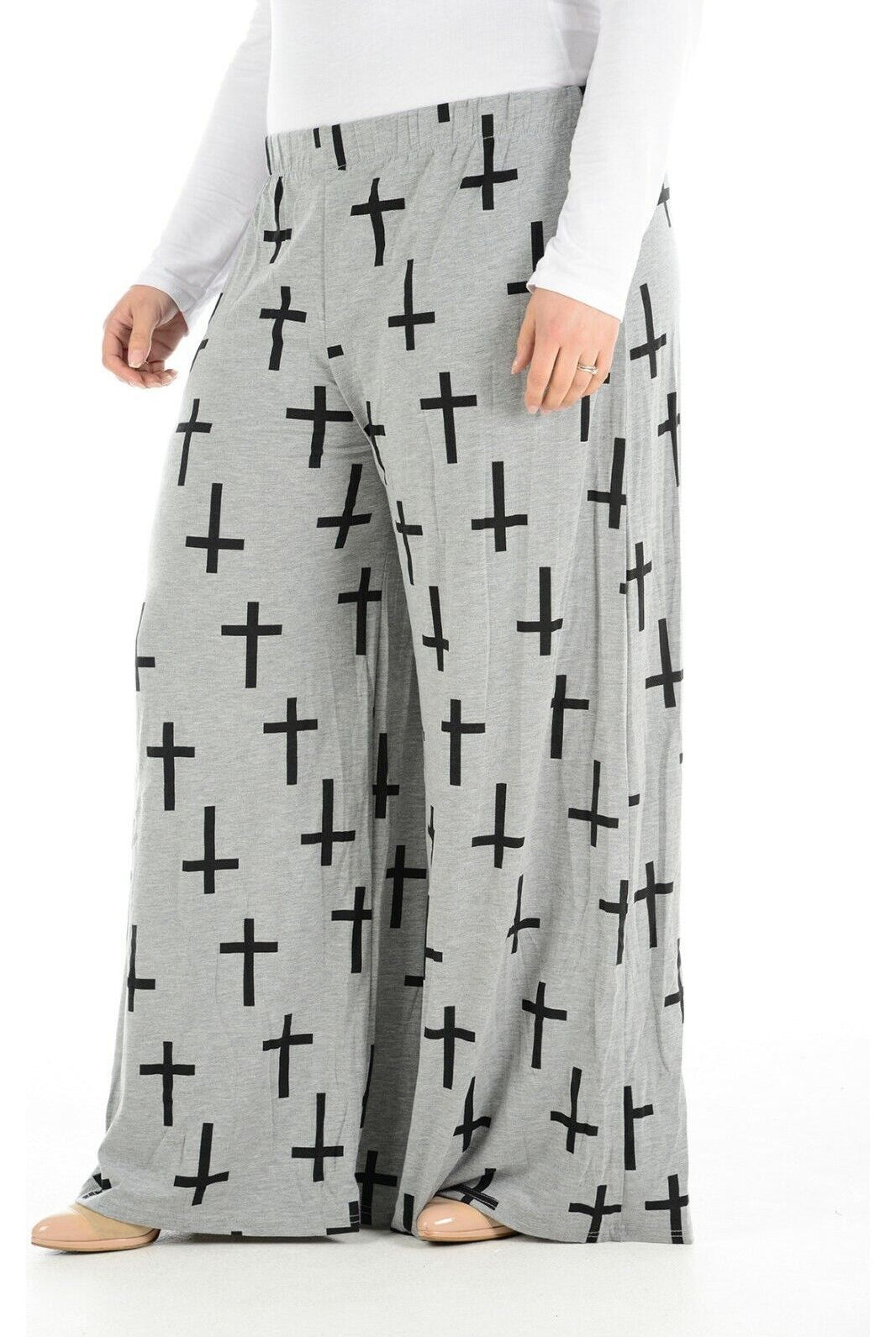 Plus Size Grey Cross Print Palazzo Trouser Palazzo WearAll
