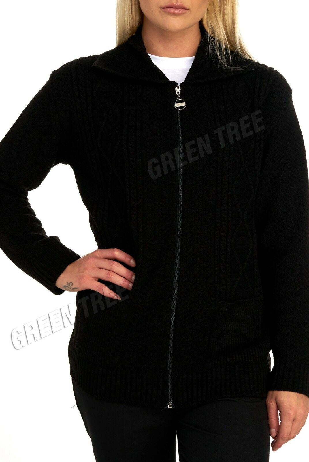 Knit Collar Long Sleeve Zip Cardigan Tops WearAll