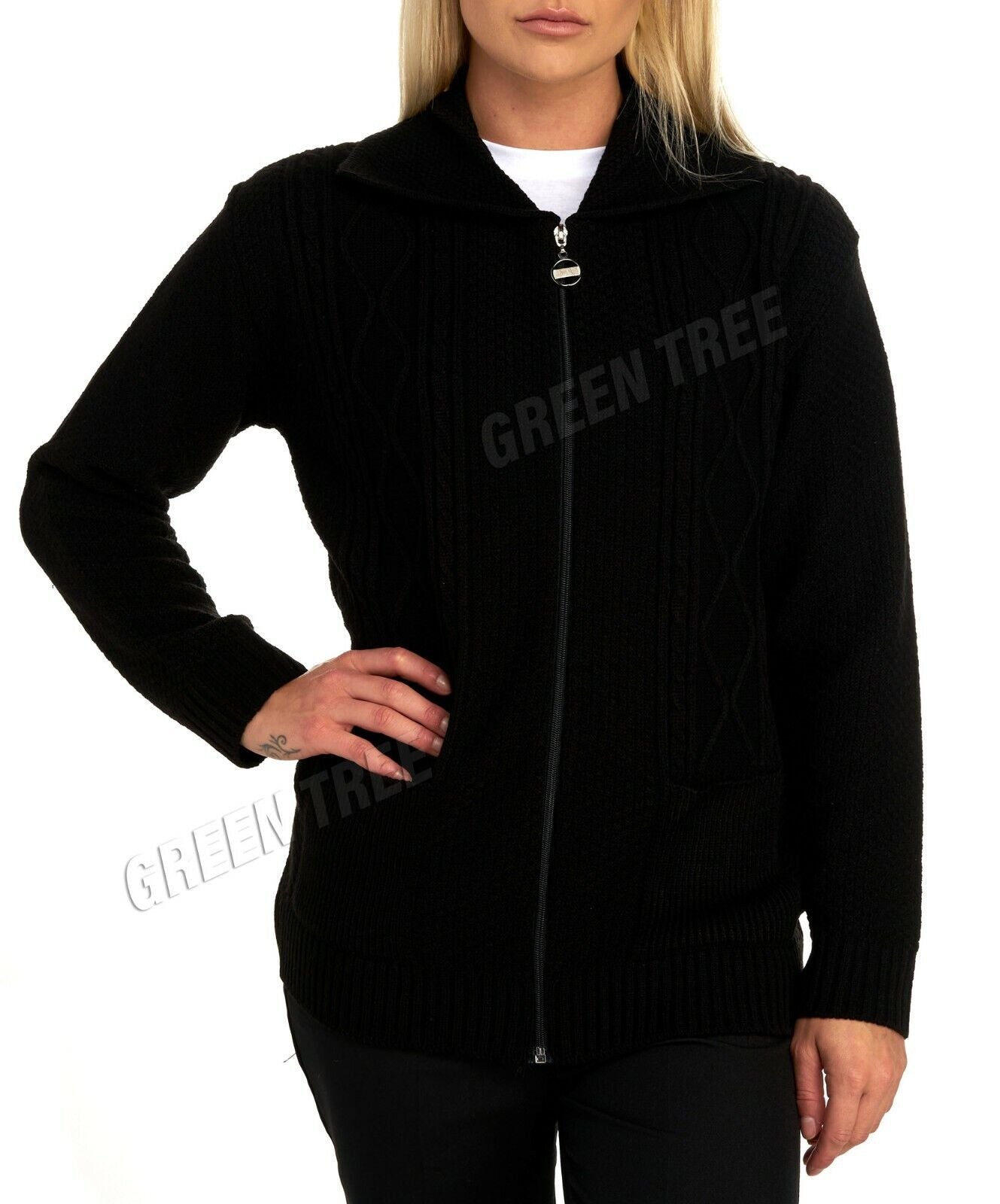 Knit Collar Long Sleeve Zip Cardigan Tops WearAll