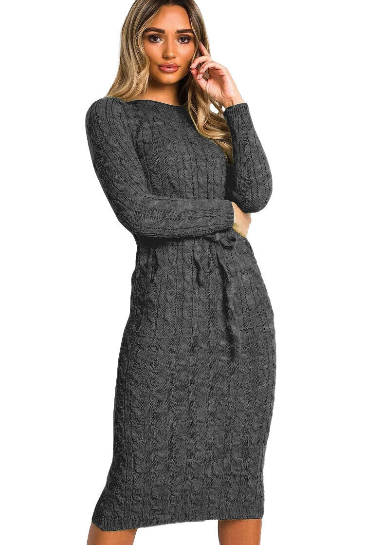 CABLE KNIT DRAWSTRING WAIST DRESS Dress WearAll Charcoal 8