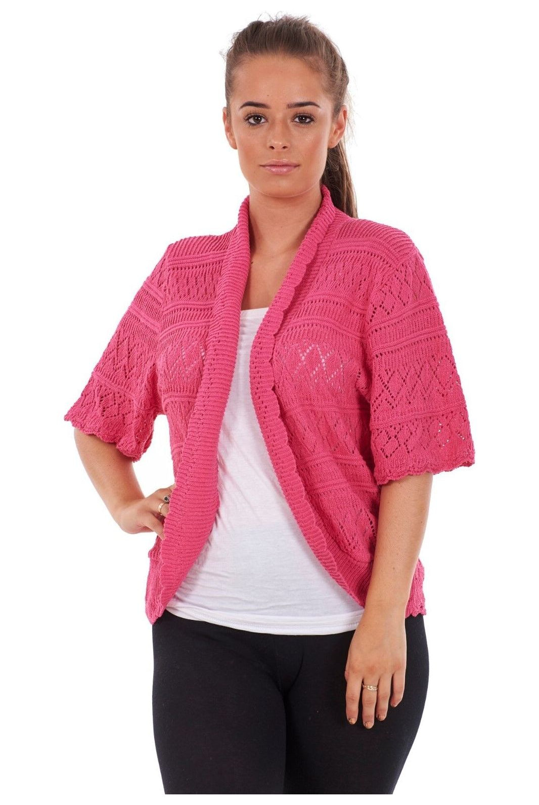 Plus Size Knitted Crochet Short Sleeve Shrugs Tops WearAll Cerise 16-18