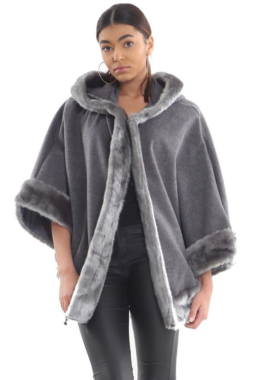 Faux Fur Trim Hood Cape Tops WearAll Dark Grey One Size