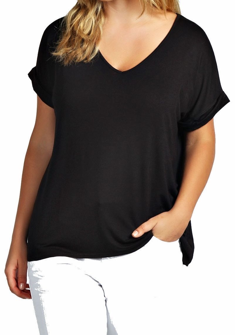Plus Size Short Turn Up Sleeve Baggy Top Tops WearAll Black 16-18