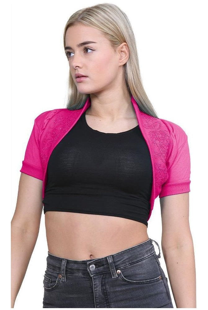 Short Sleeve Beaded Shrug Tops WearAll Cerise 8-10