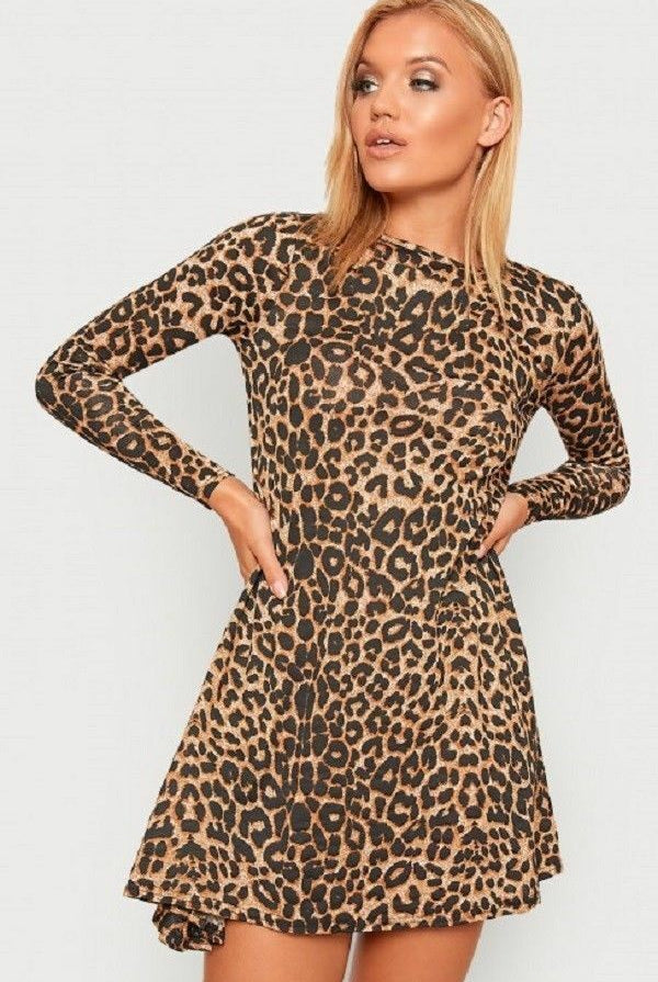 Leopard Print Long Sleeve Swing Dress Top Dress WearAll