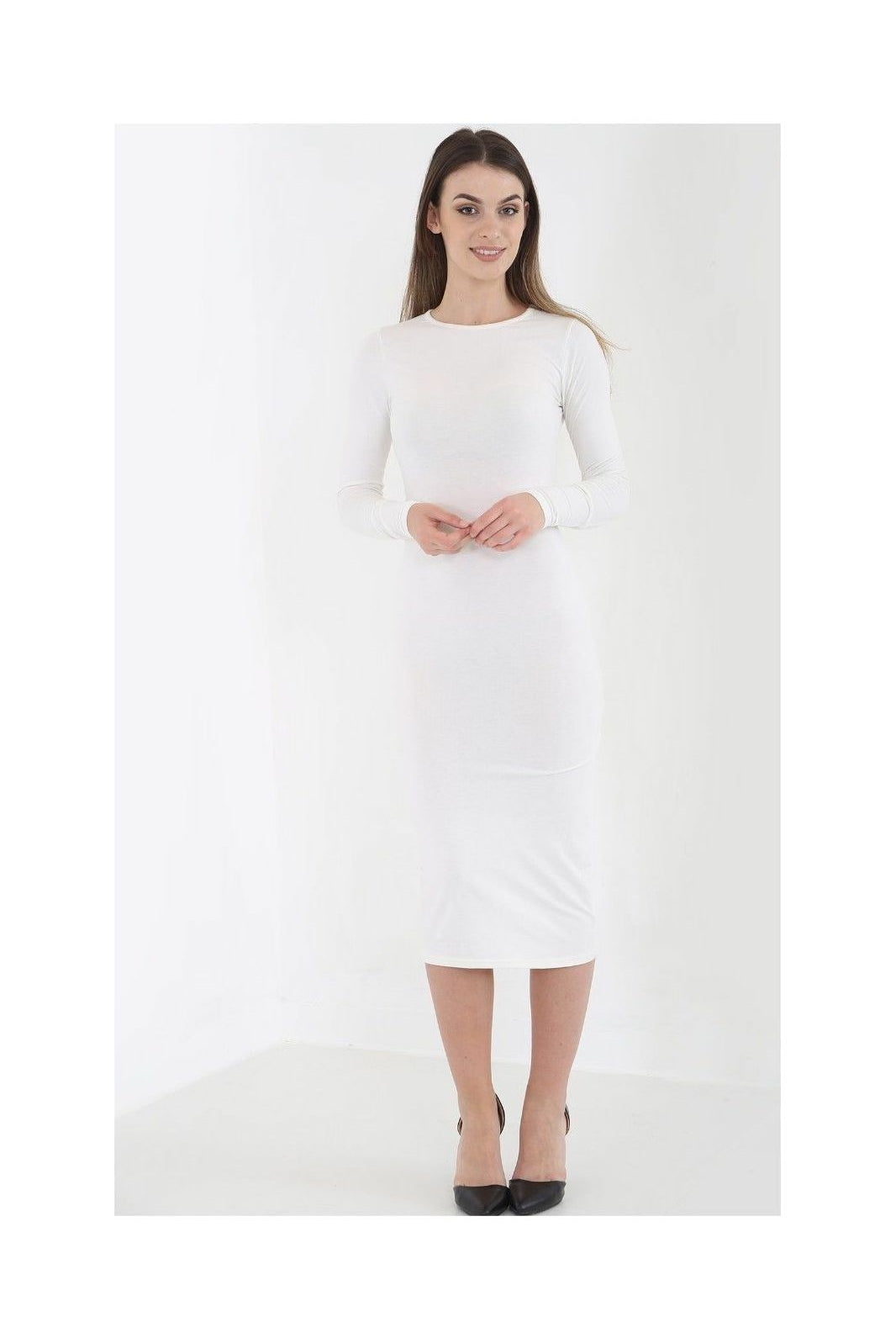 Bodycon Stretch Plain Midi Dress Dress WearAll White 12-14