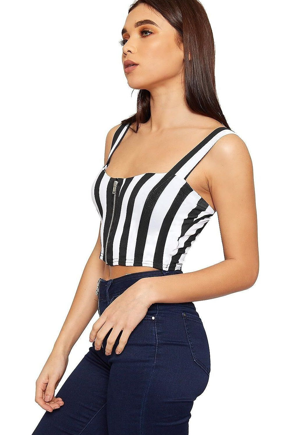 Black White Print Striped Zip Bralet Crop Strap Top BraTop WearAll
