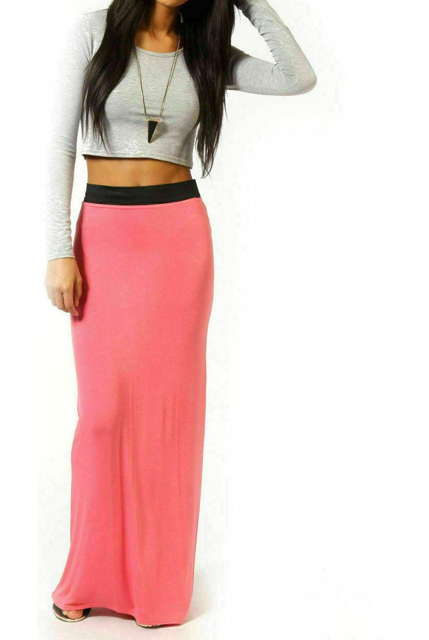 Elasticated Waist Long Maxi Skirt – Plus Size Pencil Style Skirt WearAll Coral 16-18
