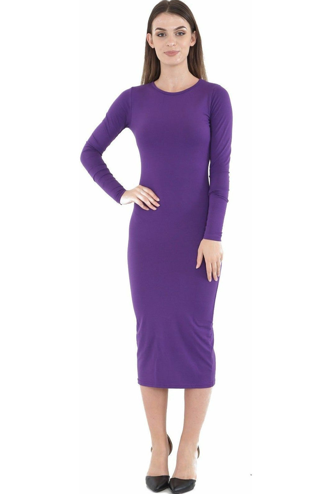 Bodycon Stretch Plain Midi Dress Dress WearAll Purple 12-14