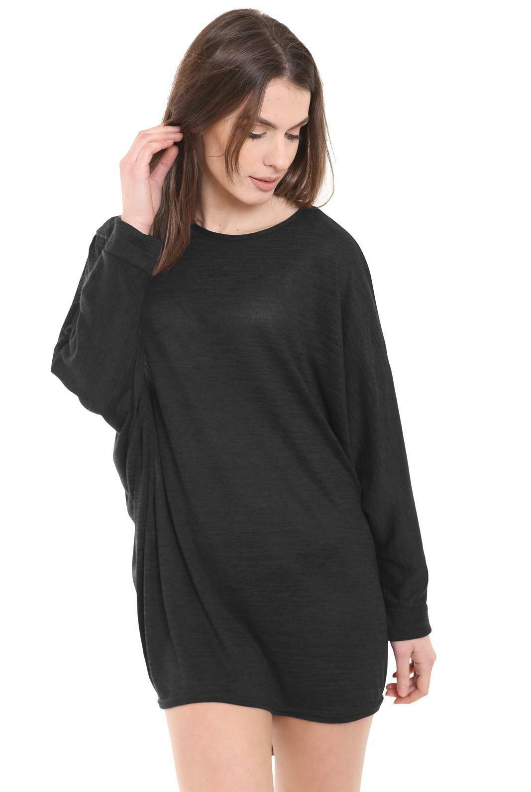 Plus Size Plain Batwing Dip Hem Baggy Top Tops WearAll Black 16-18