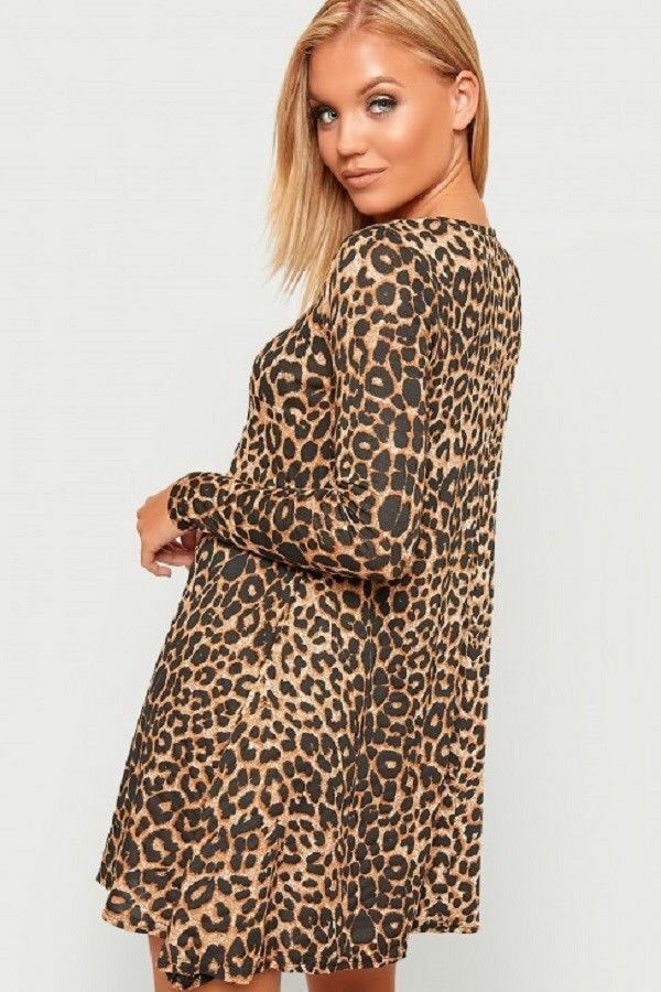 Leopard Print Long Sleeve Swing Dress Top Dress WearAll