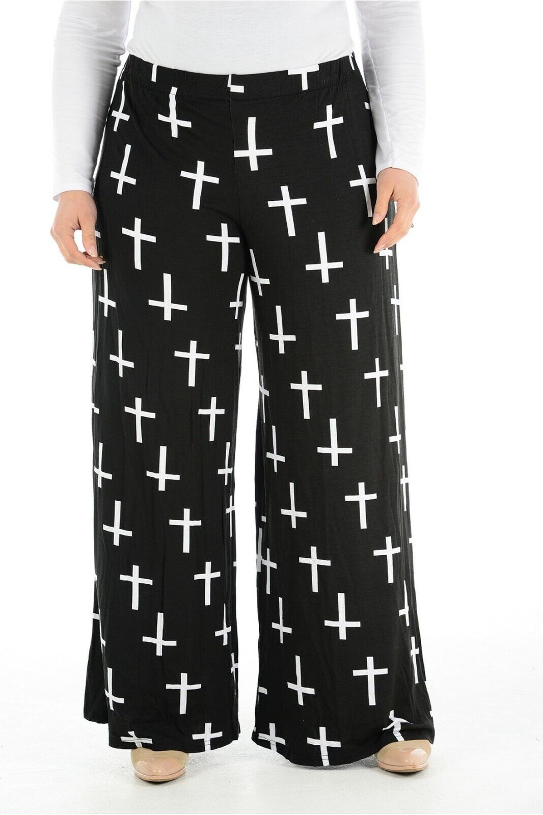 Plus Size Black Cross Print Palazzo Trouser Palazzo WearAll Black Cross 16-18