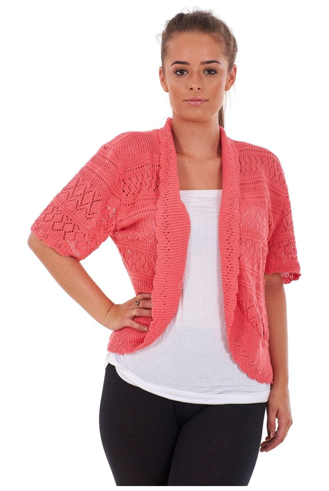 Plus Size Knitted Crochet Short Sleeve Shrugs Tops WearAll Coral 16-18