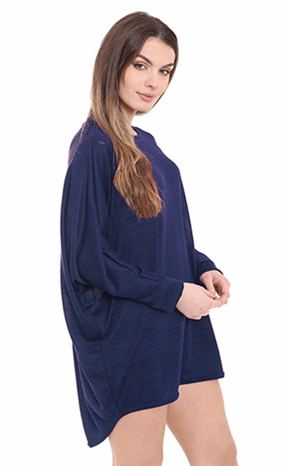 Plus Size Plain Batwing Dip Hem Baggy Top Tops WearAll Navy Blue 16-18
