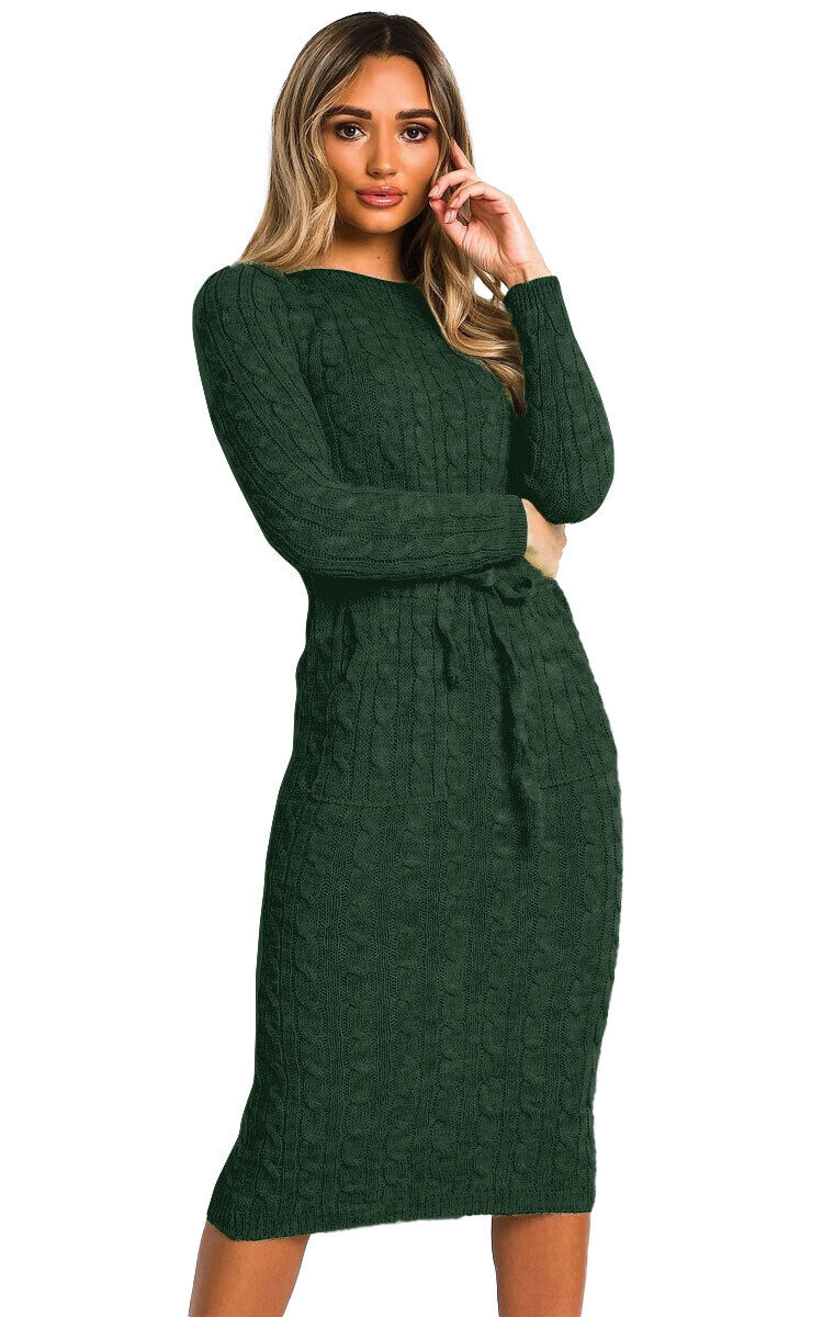 CABLE KNIT DRAWSTRING WAIST DRESS Dress WearAll Green 8