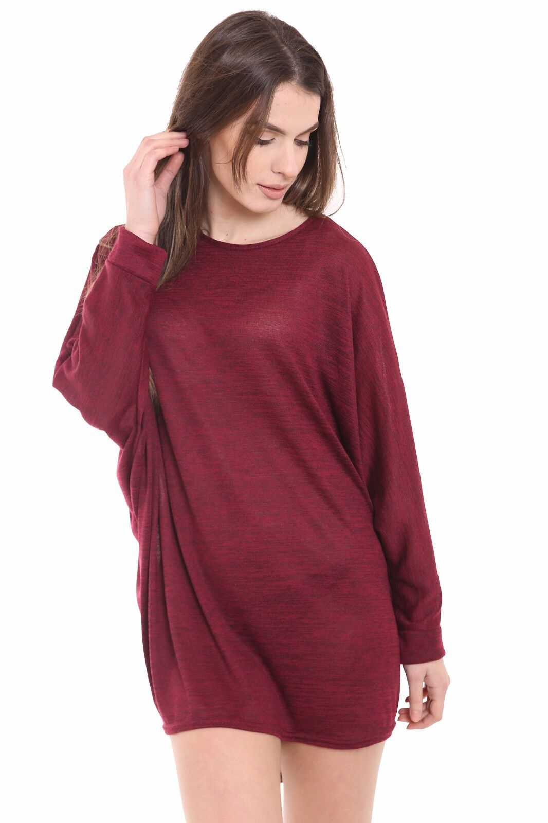 Plus Size Plain Batwing Dip Hem Baggy Top Tops WearAll Wine 16-18